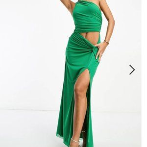ASOS DESIGN one shoulder ruched mesh cut out detail maxi dress in dark green